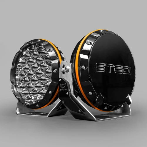 A STEDI™ Type-X™ Sport 7 Inch LED Spotlight Pair, with a Stencil blackout cover.
